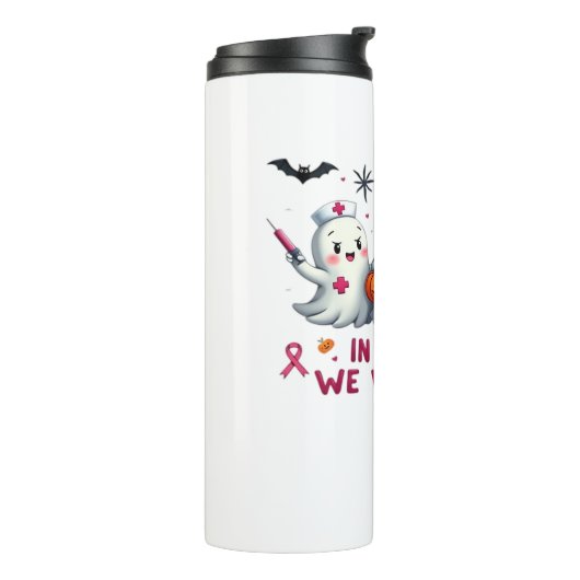 in oktober draag we roze borstkankerbewustzijn Cl Thermosbeker (Gedraaid links)