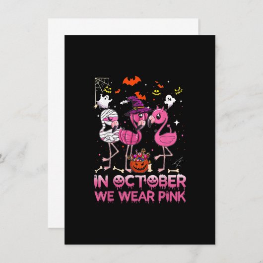 In oktober Draag we roze Flamingo Halloween Breast Kaart (Voorkant / Achterkant)