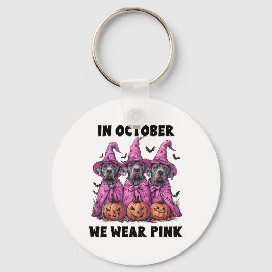 In oktober Draag we roze Great Dane Halloween Brea Sleutelhanger (Voorkant)