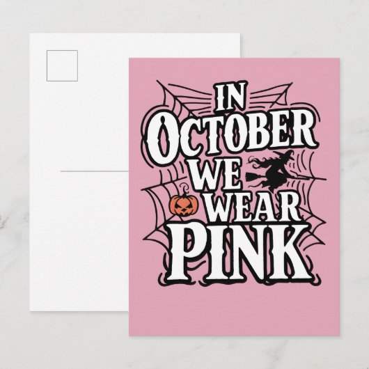 In oktober Draag we roze halloween heks Aankondigingskaart (Voorkant / Achterkant)
