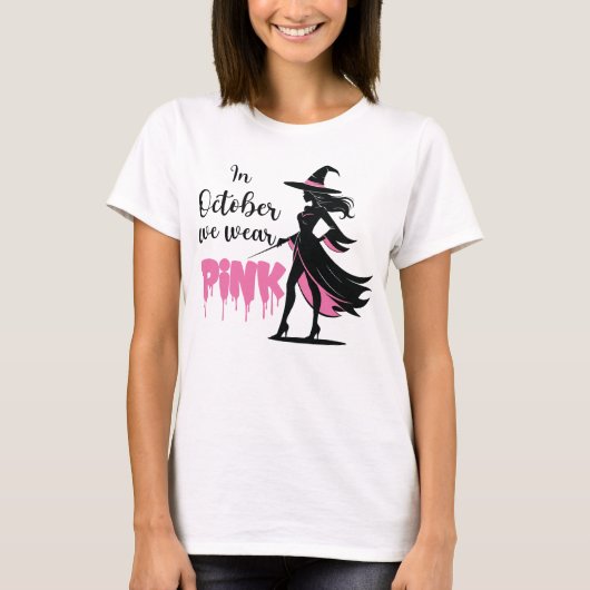 In oktober Draag we roze heks Halloween T-shirt (Voorkant)