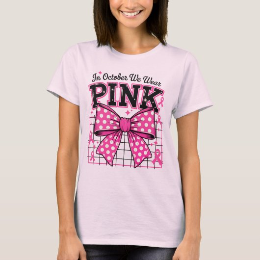 In oktober Draag we roze polka dot boog T-shirt (Voorkant)