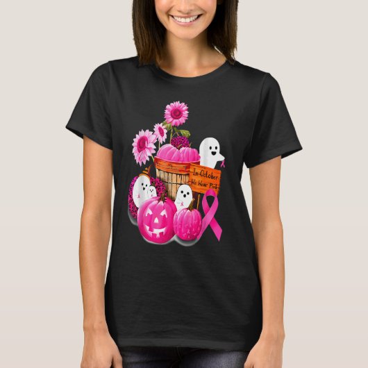 In oktober Draag we roze pompoen, hoest en bloem T-shirt (Voorkant)
