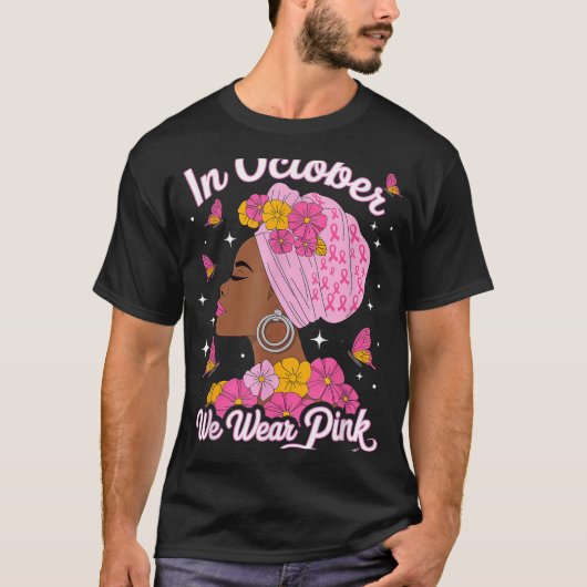 In oktober Draag we roze zwarte borstkanker T-shirt (Voorkant)