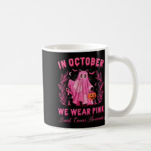 In oktober dragen we roze Halloween zwarte kat sch Koffiemok