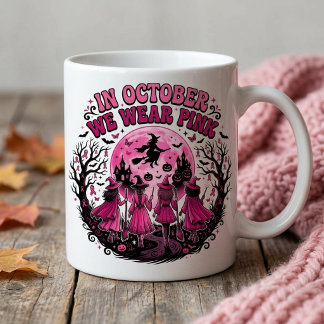 In Oktober dragen we Roze Heks Borstkanker Hallowe Koffiemok