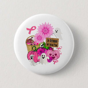 In oktober dragen we roze pompoen, geest en bloem ronde button 5,7 cm