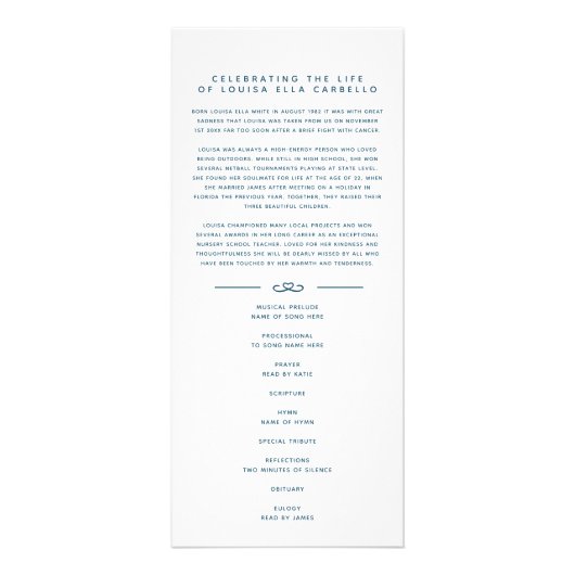 In ons hart begrafenisprogramma wit en stalen blau reclamekaart (Voorkant)