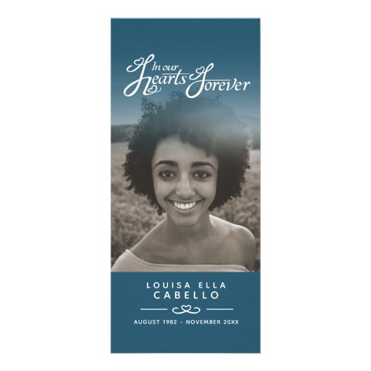 In ons hart begrafenisprogramma wit en stalen blau reclamekaart (Achterkant)