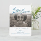 In ons hart foto begrafenis wit blauw uitnodiginge kaart (Staand voorkant)