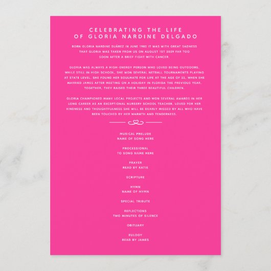 In ons hartenbegrafenisprogramma wit en roze programmakaart (Achterkant)