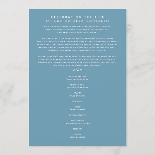 In onze harten begrafenisprogramma wit en blauw programmakaart (Achterkant)