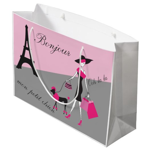 In Paris Woman and Dog Pink and Black Large Cadeautasje (Achterkant Gekanteld)