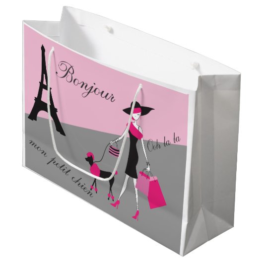In Paris Woman and Dog Pink and Black Large Cadeautasje (Voorkant Gekanteld)