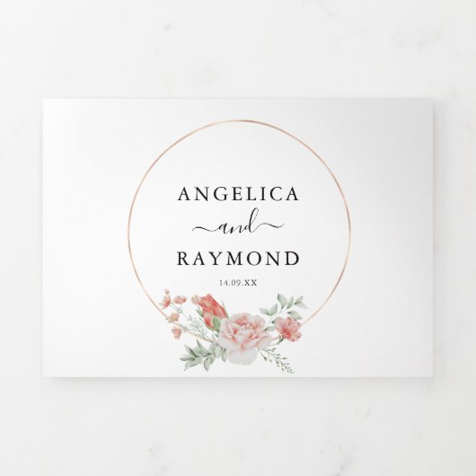  in Peach Botanical Elegant Wedding Drieluik Uitnodiging (Cover)