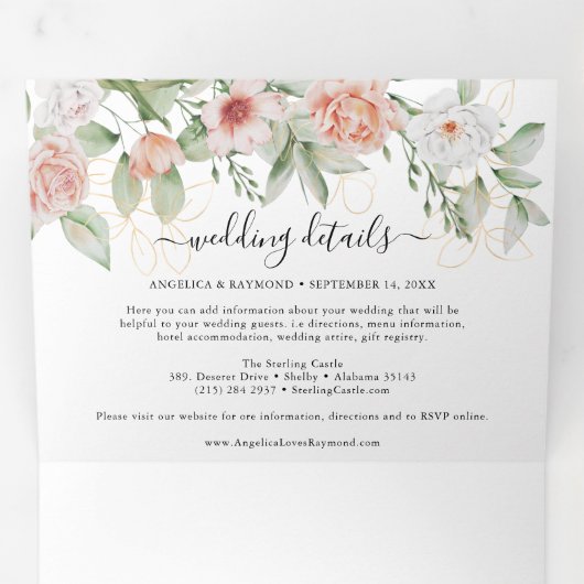  in Peach Botanical Elegant Wedding Drieluik Uitnodiging (Binnenzijde eerst)