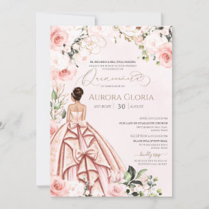 in Pink Beauful Gown Roos Quinceañera Kaart