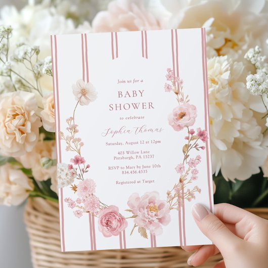  in Pink Floral Baby shower Invitation Kaart