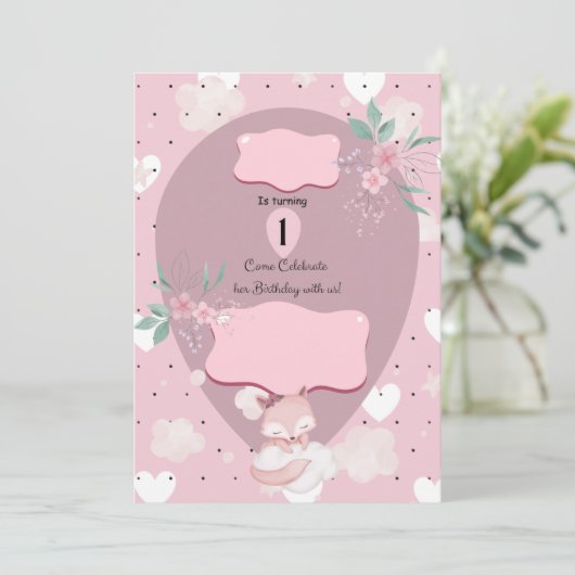  in Pink Fox 1e verjaardag Kaart (Staand voorkant)