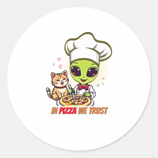 In Pizza We Trust Alien Chef Art Ronde Sticker (Voorkant)
