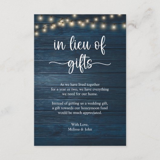 in plaats van cadeaus Rustic String Lights Navy Bl Informatiekaartje (Voorkant)