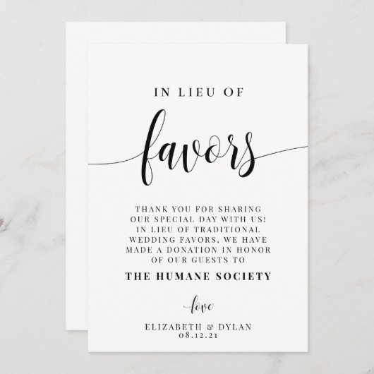 In plaats van de Kaart van de Favors Wedding Table (Voorkant / Achterkant)