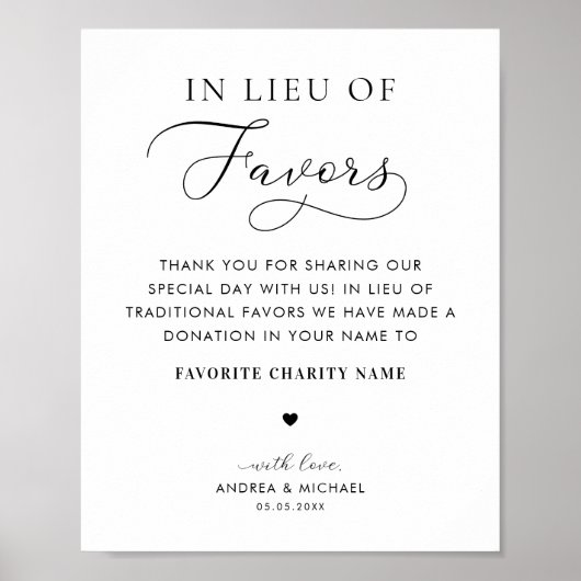 In plaats van gunsten Charity Donatie Wedding Sign Poster (Voorkant)