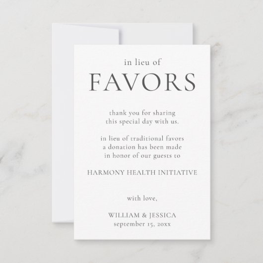 In plaats van gunsten minimalistische bruiloft don kaart (Voorkant)