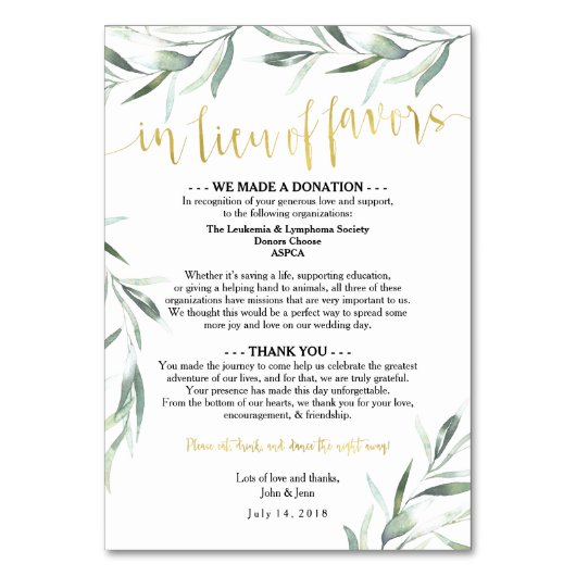 In plaats van gunsten voor Jenn Kaart (Voorkant)