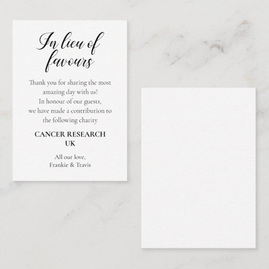 in plaats van liefdadigheidsdonatiebruiloft plaatskaartje (Voorkant / Achterkant)