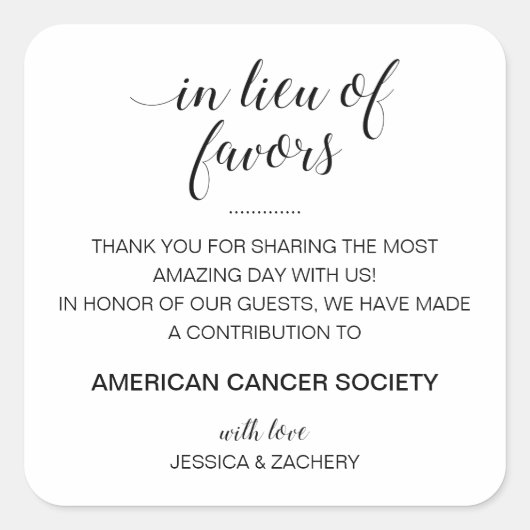 in plaats van liefdadigheidsdonatiebruiloft vierkante sticker (Voorkant)