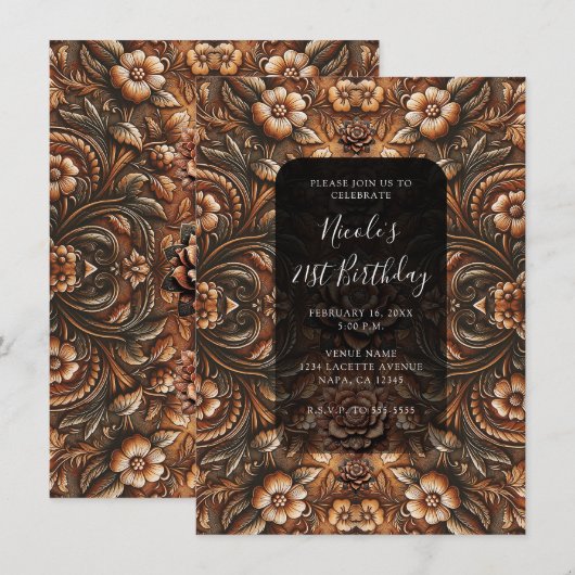 In reliëf gemaakt  Floral Faux Leather Look Verjaa Kaart (Voorkant / Achterkant)