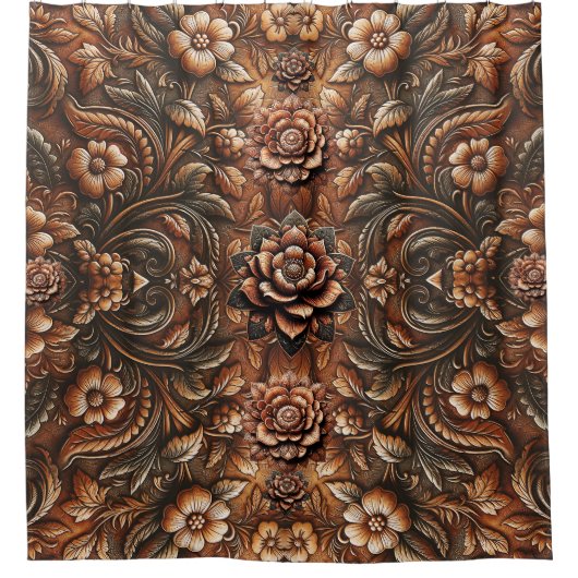 In reliëf gemaakte  Bloemen Faux Leather Look Douchegordijn (Voorkant)