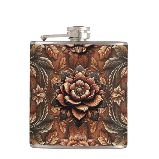 In reliëf gemaakte Bloemen Faux Leather Look Heupfles (Voorkant)