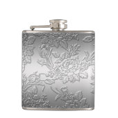 In reliëf gemaakte gepolijste zilveren Rozen en tu Heupfles (Voorkant)