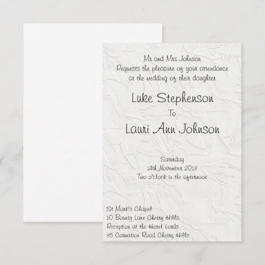 In reliëf gemaakte Witte Bloemen Huwelijksuitnodig Kaart (Voorkant / Achterkant)