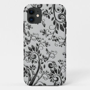 In reliëf gemaakte Zwarte Swirly Bloemen Case-Mate iPhone Case