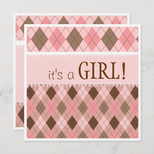  in Roze Argyle Het is een meisje Baby shower Kaart (Voorkant / Achterkant)