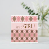 in Roze Argyle Het is een meisje Baby shower Kaart (Staand voorkant)