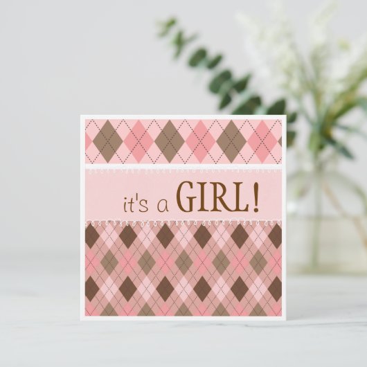  in Roze Argyle Het is een meisje Baby shower Kaart (Staand voorkant)