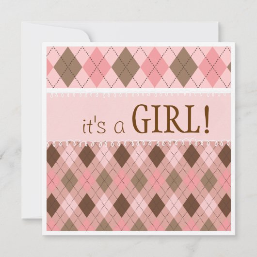 in Roze Argyle Het is een meisje Baby shower Kaart (Voorkant)