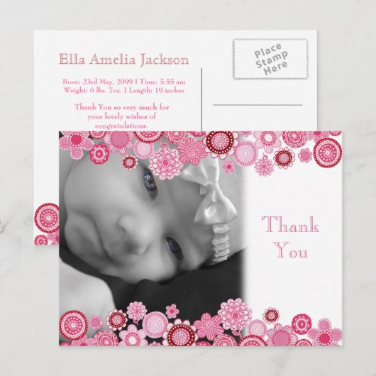  in Roze Baby Meisje Foto Dank U Post Kaart (Voorkant / Achterkant)