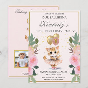 in roze ballerina meisje eerste verjaardag kaart