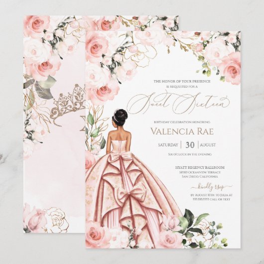  in Roze Blush Gown Rozen Sweet 16 Birthday Kaart (Voorkant / Achterkant)