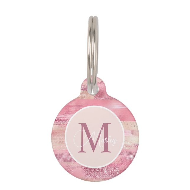  in Roze Blush Roos Gold Glitter Monogram Huisdierpenning (Voorkant)