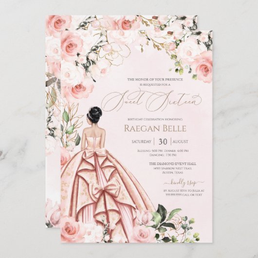  in Roze Blush Rozen Sweet 16 Birthday Kaart (Voorkant / Achterkant)