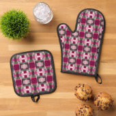 in roze en groen kleurenblok ovenwant & pannenlap set (Top down)
