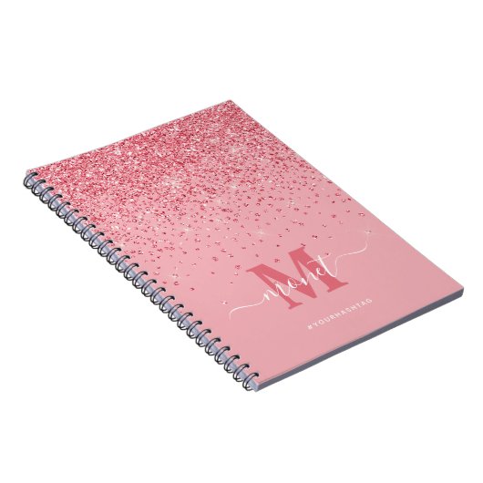  in Roze Glitter Glam Monogramnaam Notitieboek (Rechterzijde)