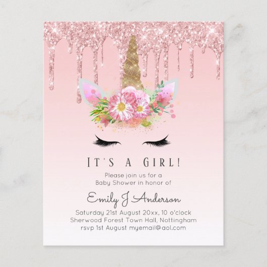  in Roze Het is een meisje - Baby shower Unicorn (Voorkant)