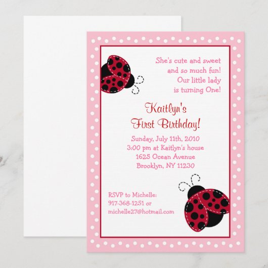 in Roze Ladybug Birthday-uitnodigingen Kaart (Voorkant / Achterkant)